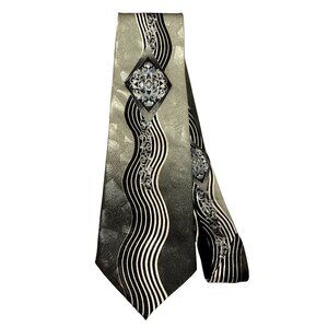 MCM ABSTRACT NECKTIE SILVER BLACK WAVES POLYESTER DESIGNER 60" X 4" MENS